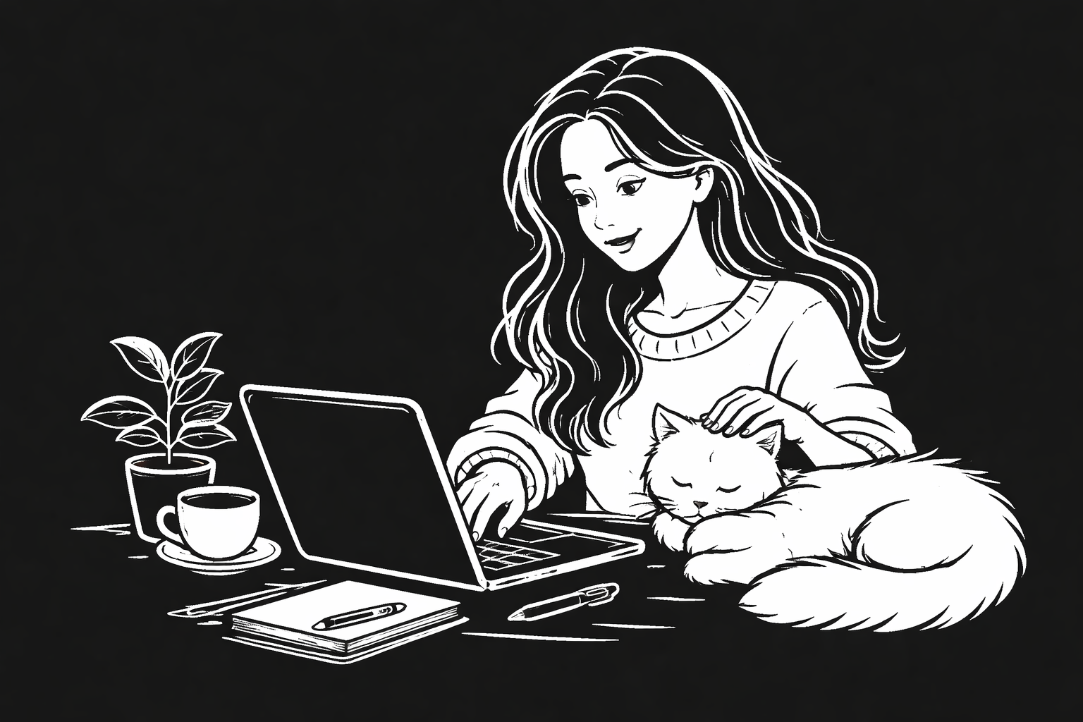 Illustration of designer working with laptop and cat